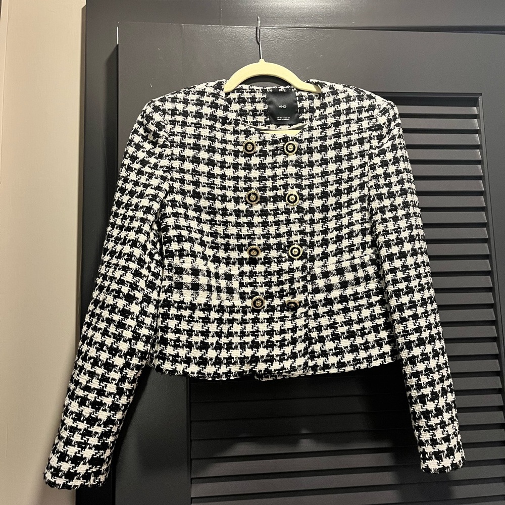Mango Black and White Houndstooth Double-Breasted Jacket